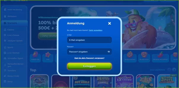Benutzer dreht an einem virtuellen Spielautomaten auf Spinfest